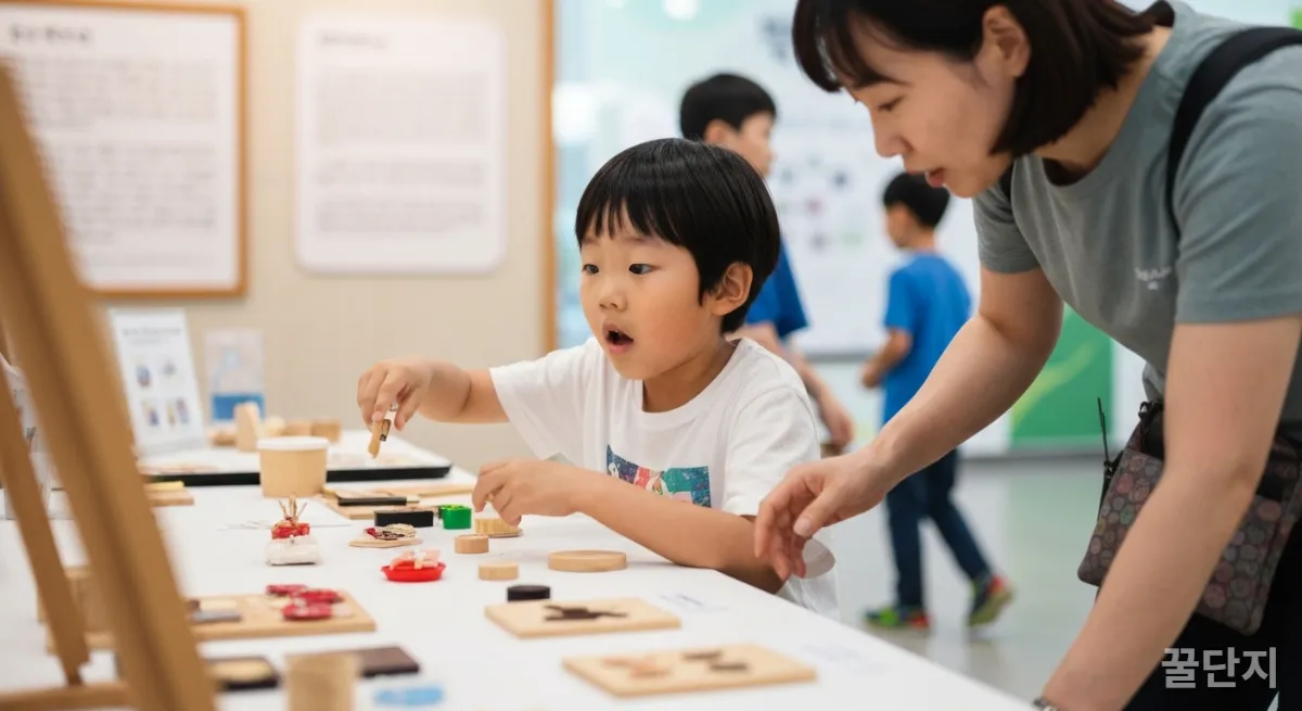 아이가 박물관이나 축제에서 체험 활동에 집중하는 모습