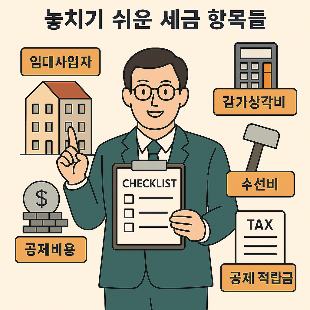 세무가 채크리스트를 보고 설명하고 있다, 놓치기 쉬운 세금항목들, 주택임대사업자,공제비용,감가상각비,수선비,공제적립금