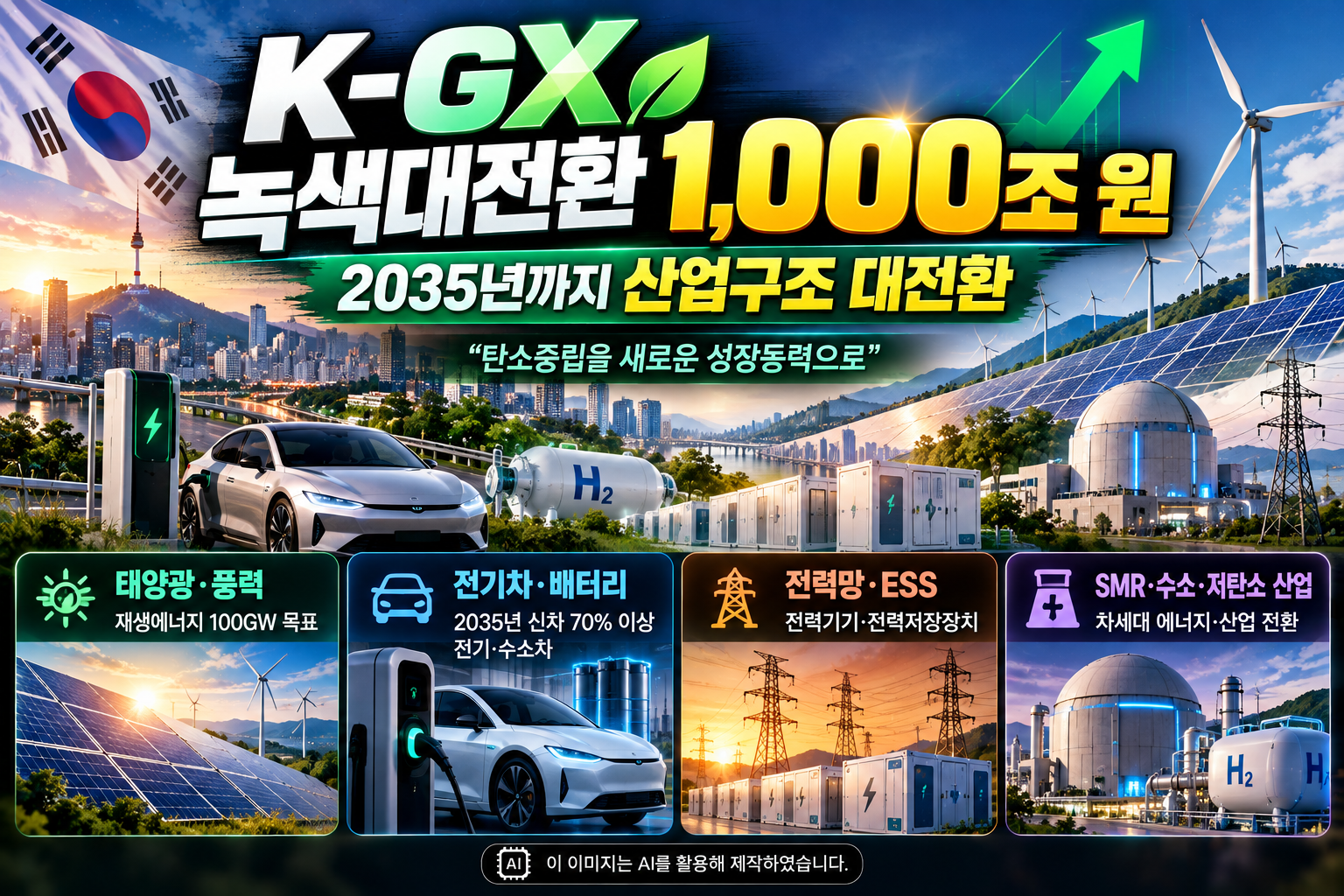 2026년 정부 K-GX 녹색대전환 1,000조 원 투자 계획과 2035년 산업구조 전환 목표, 태양광&middot;풍력&middot;전기차&middot;배터리&middot;전력망&middot;ESS&middot;SMR&middot;수소 등 주요 관련 산업을 소개하는 이미지