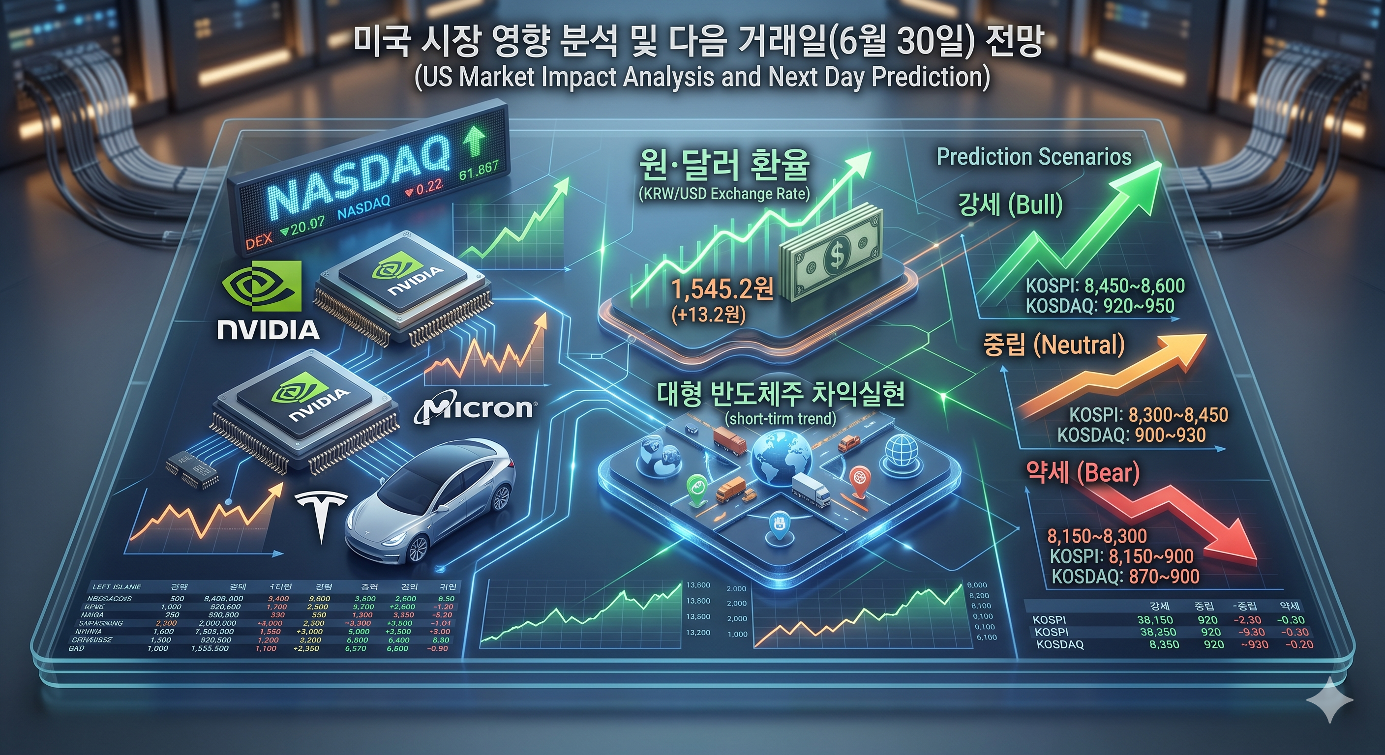 미국 뉴욕 증시 객장 전광판과 원달러 환율 추이 챠트