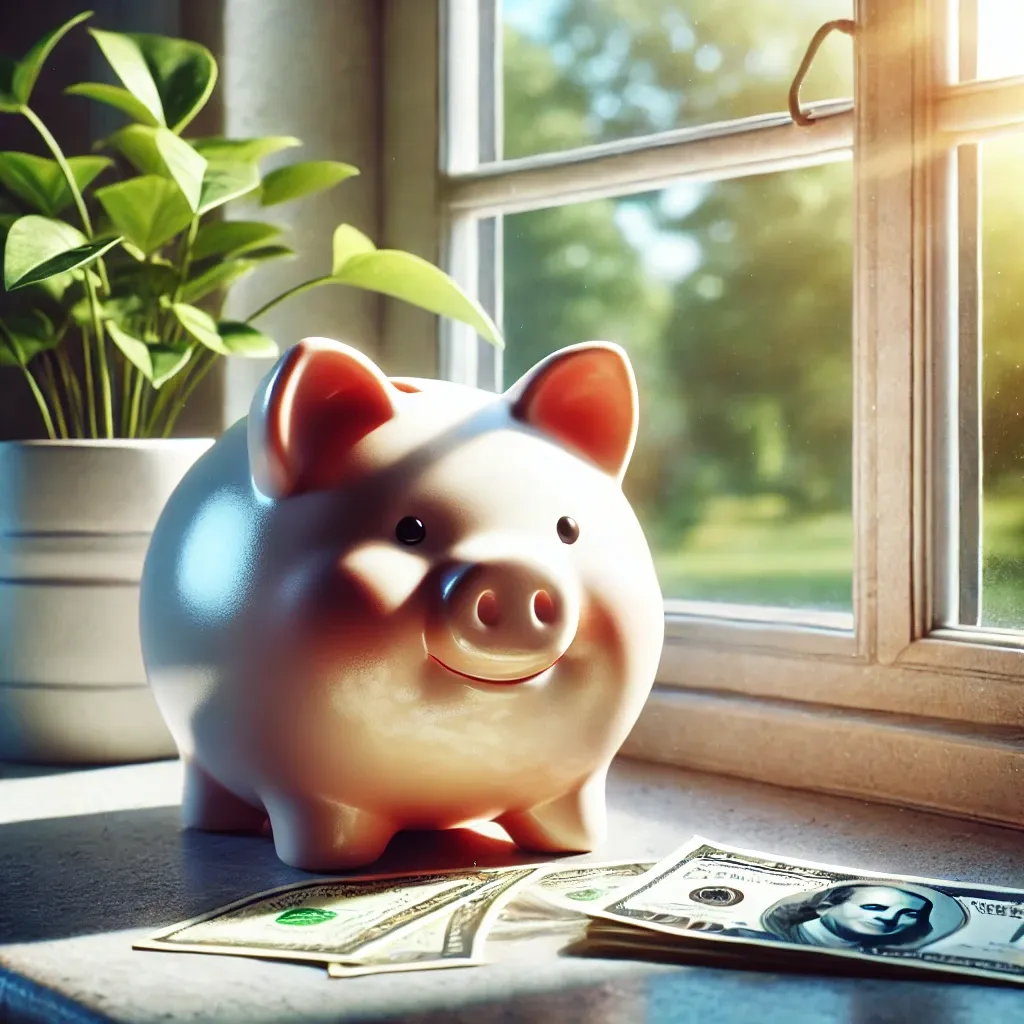 창가에 놓인 저금통, 햇빛이 비추고 작은 화분이 함께 배치되어 밝은 재정적 미래를 상징.