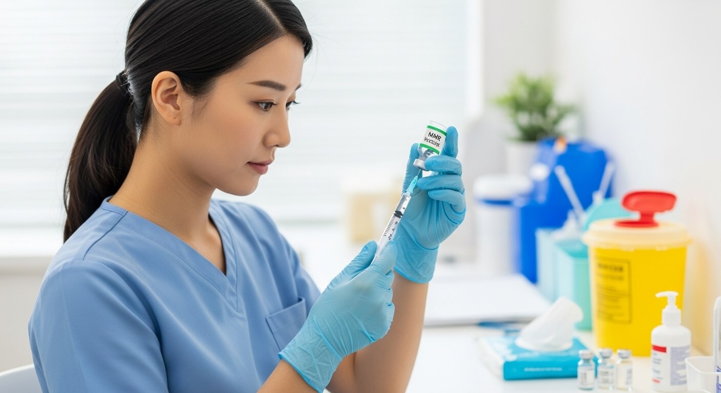MMR 백신 주사기를 준비 중인 의료진