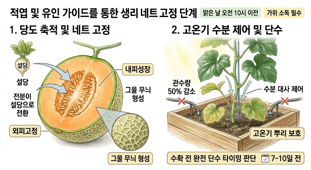 나무 플랜트 화분에서 자라는 멜론의 네트 고정기 수분 감소 과정과 과실 내 당도 축적 경로를 나타낸 구조 해설 삽화