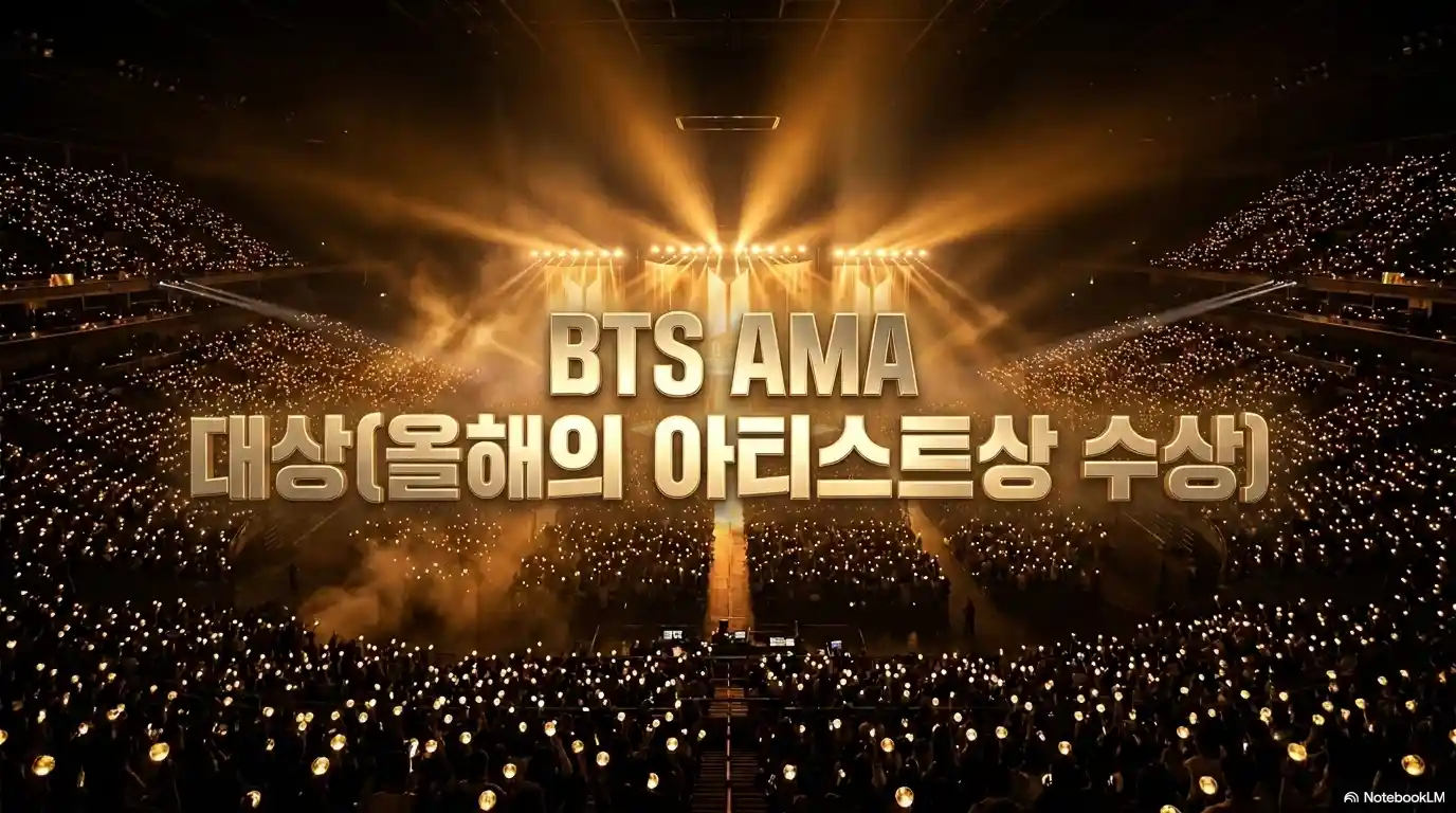 BTS 2026 AMA 올해의 아티스트 대상 수상 - 아미 응원봉 가득한 콘서트 홀 황금 조명 장면