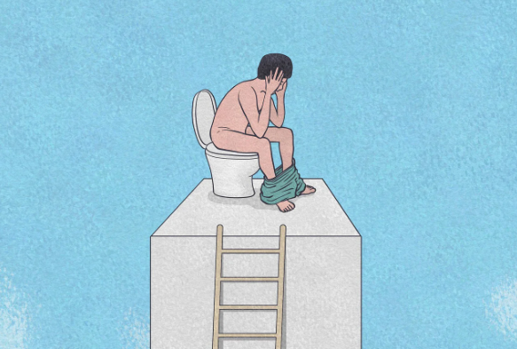 변기에 앉아, 힘들어하는 남자
