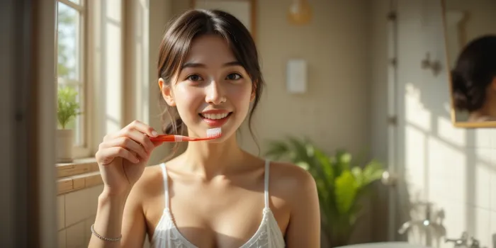 욕실에서 아조나 치약으로 양치 중인 여성의 모습