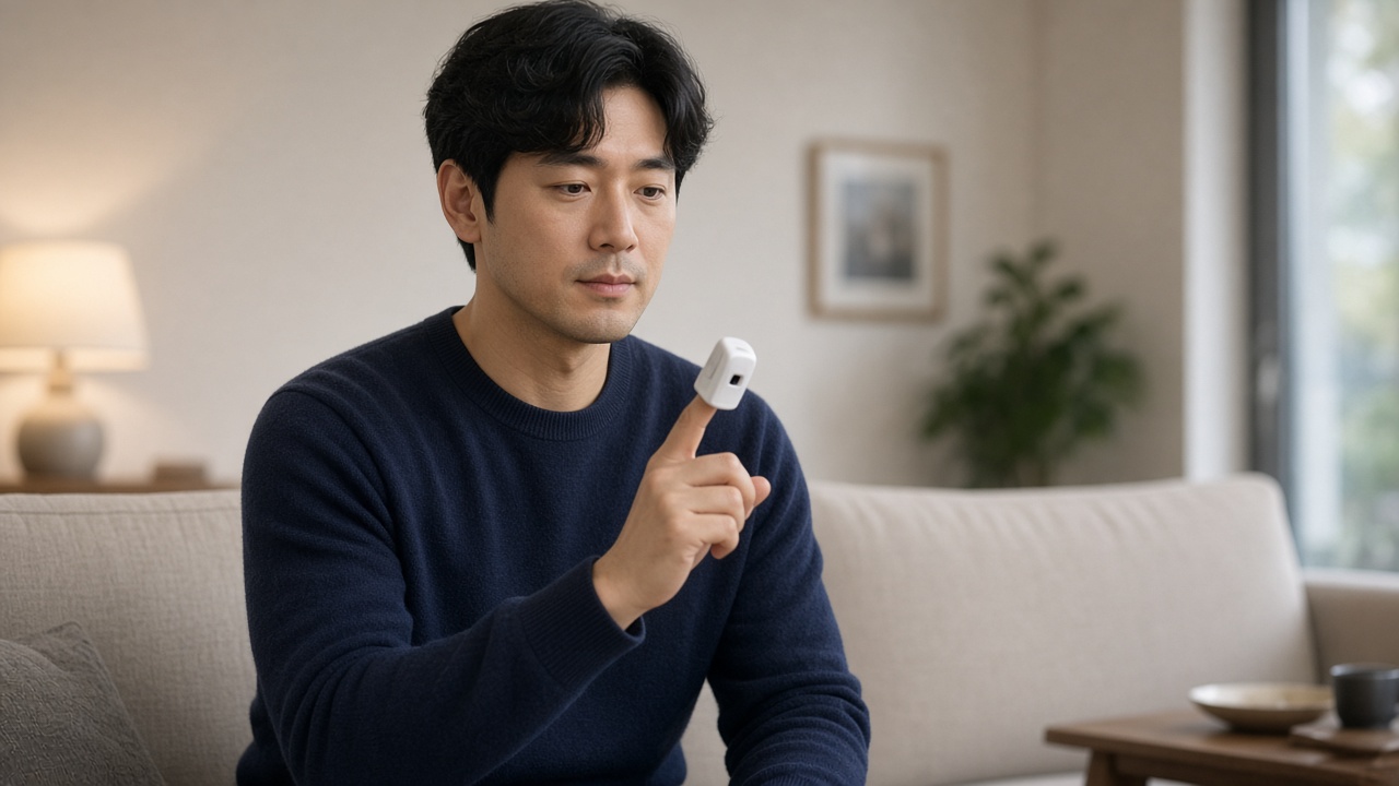 소파에 앉아 손을 가슴 높이에 두고 산소포화도를 재는 30대 한국인 남성