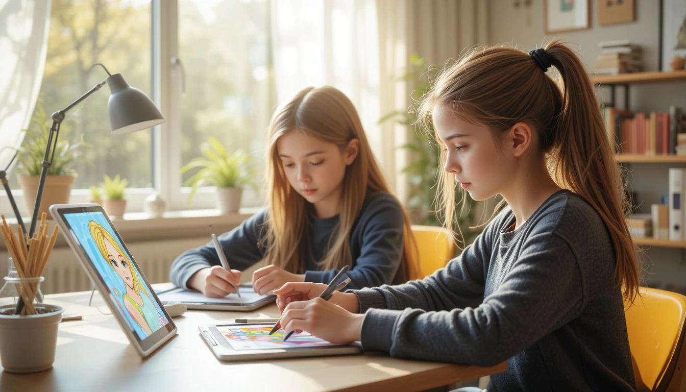 초등학교 고학년 여아가 디지털 드로잉을 하는 모습