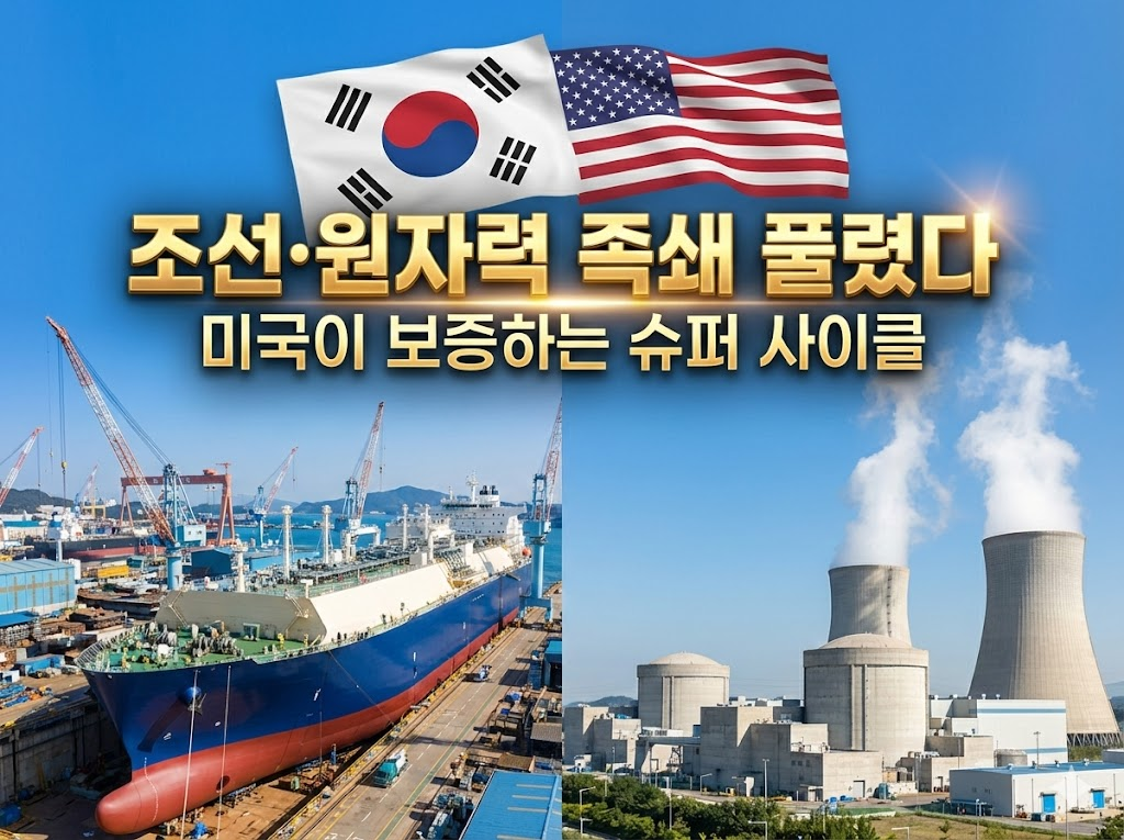 거대한 선박 건조 현장과 원자력 발전소 위로 펄럭이는 한미 국기웅장하고 희망적인 분위기이미지 3스위스 골드바 외교관세 39% → 15%의 비밀