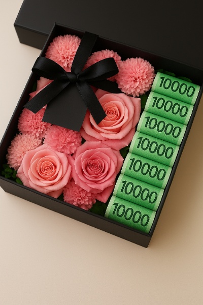 용돈박스 박스안에 용돈과 카네이션을 담아저있는 이미지