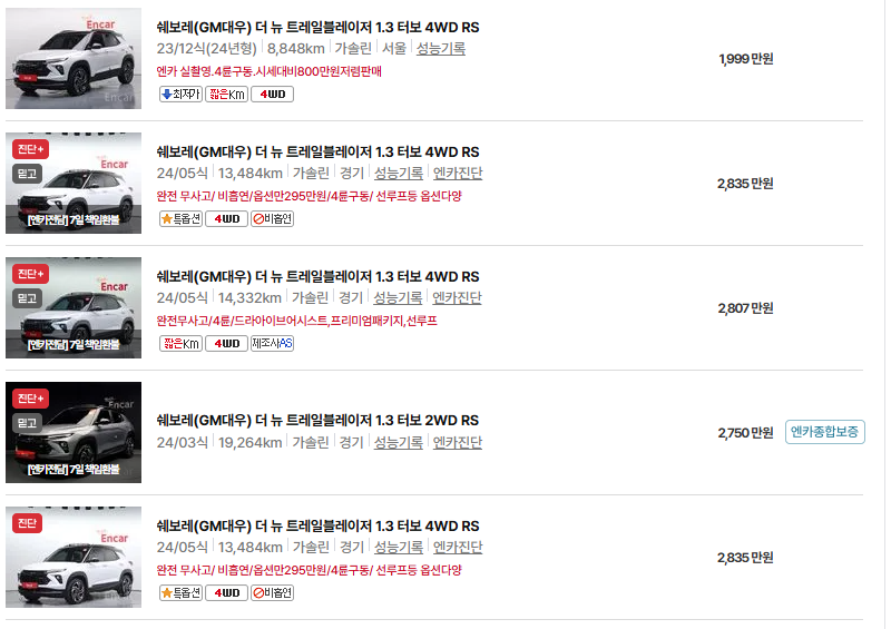 쉐보레 트레일블레이저 중고차 가격 시세표 유지비