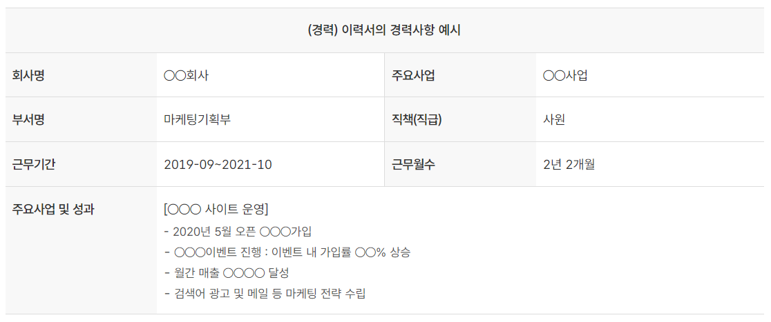 경력사항 예시(경력자)