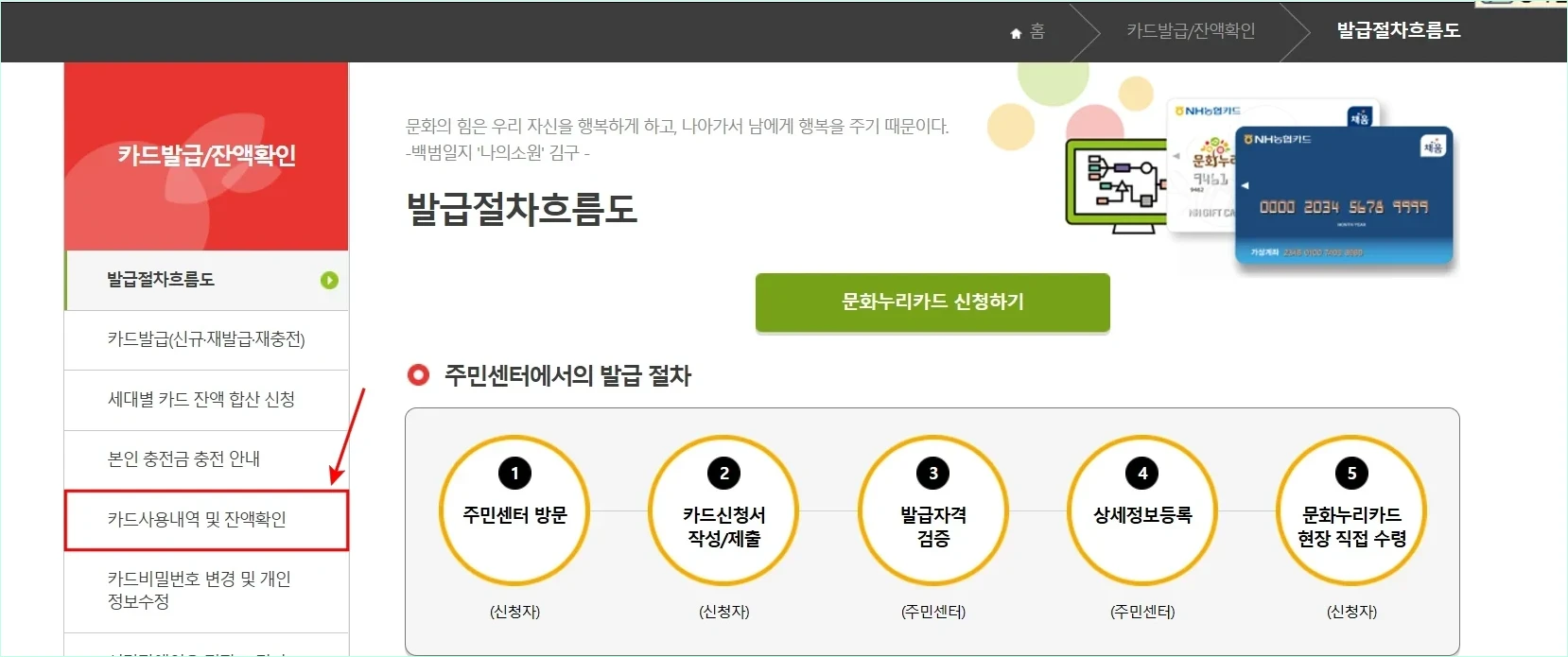 카드발급/잔액조회 메뉴의 세부 메뉴에서 '카드사용내역 및 잔액확인'을 선택