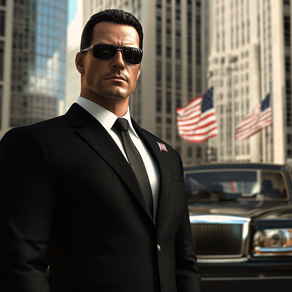 미국 대통령경호원이 대통령의 차량앞에 서서 카메라를 응시하고 있는 상반신 모습