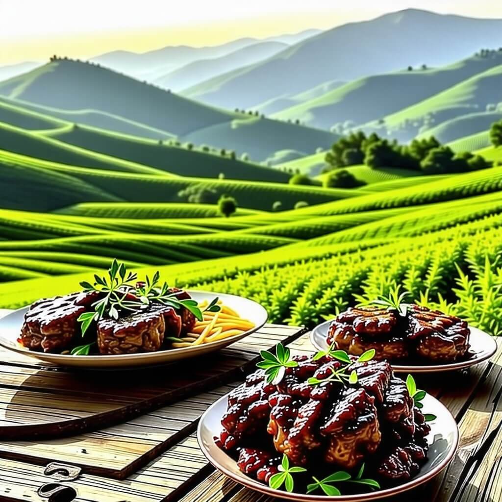 녹차밭과 떡갈비를 함께 보여주는 이미지