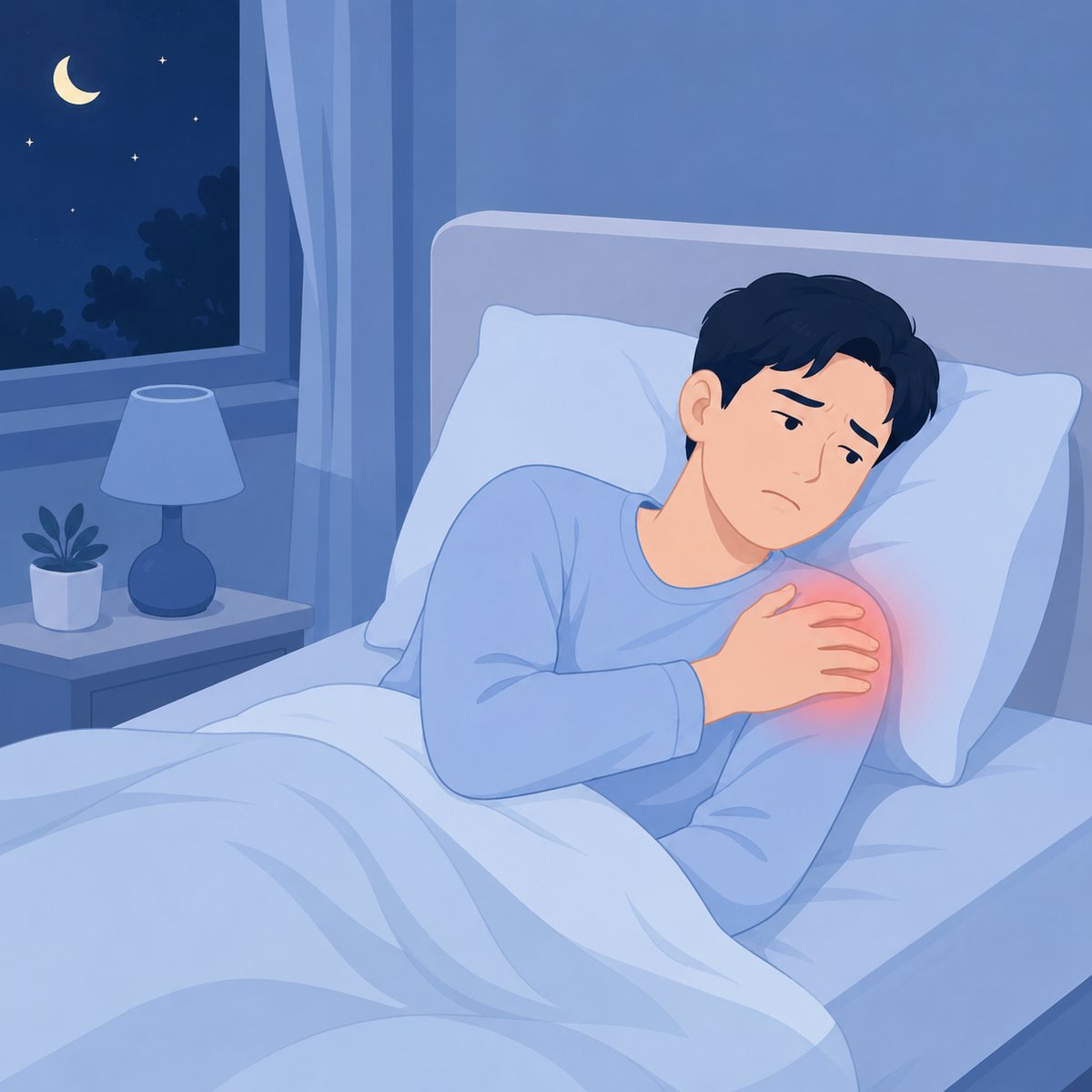 밤에 침대에 누워 아픈 어깨를 감싸 쥔 남성, 어깨충돌증후군 야간통