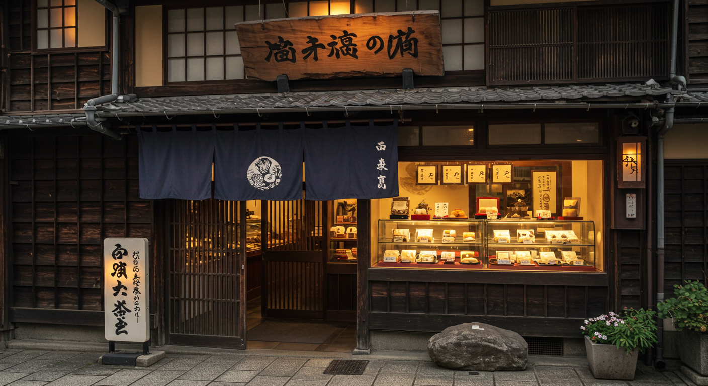 다카야마 옛거리에 위치한 전통 화과자 가게의 고풍스러운 외관