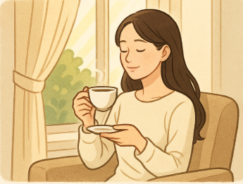 햇살이 비치는 창가에서 편안하게 앉아 차를 마시며 편안하게 휴식을 취하는 여성의 모습