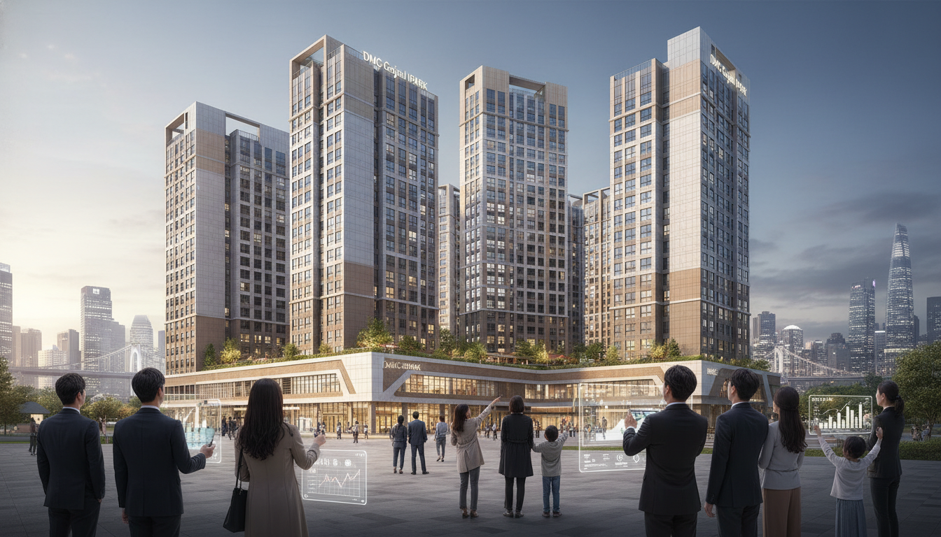 DMC 가재울 아이파크 단지 전경과 미래를 계획하는 3050세대 투자자 및 실거주 희망자들.