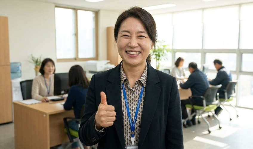 완성된 프로포절 서류를 보며 밝게 웃는 사회복지사