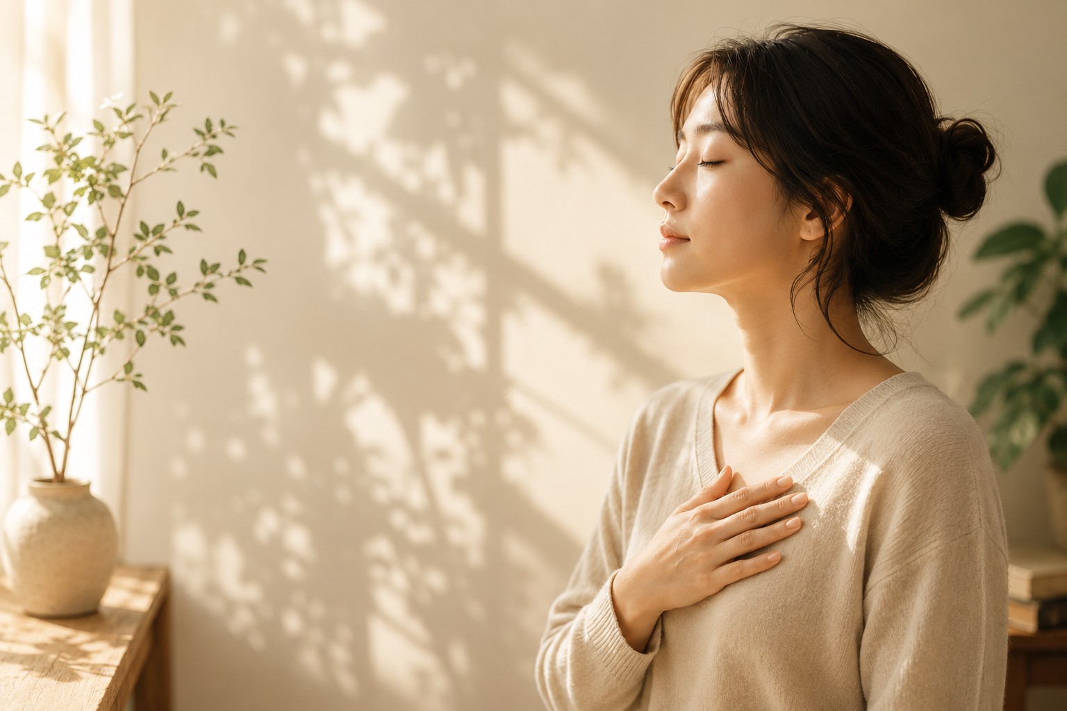 따뜻한 햇살이 비치는 실내에서 가슴에 손을 얹고 눈을 감은 여성이 자신의 신체 감각을 알아차리는 모습을 표현한 이미지