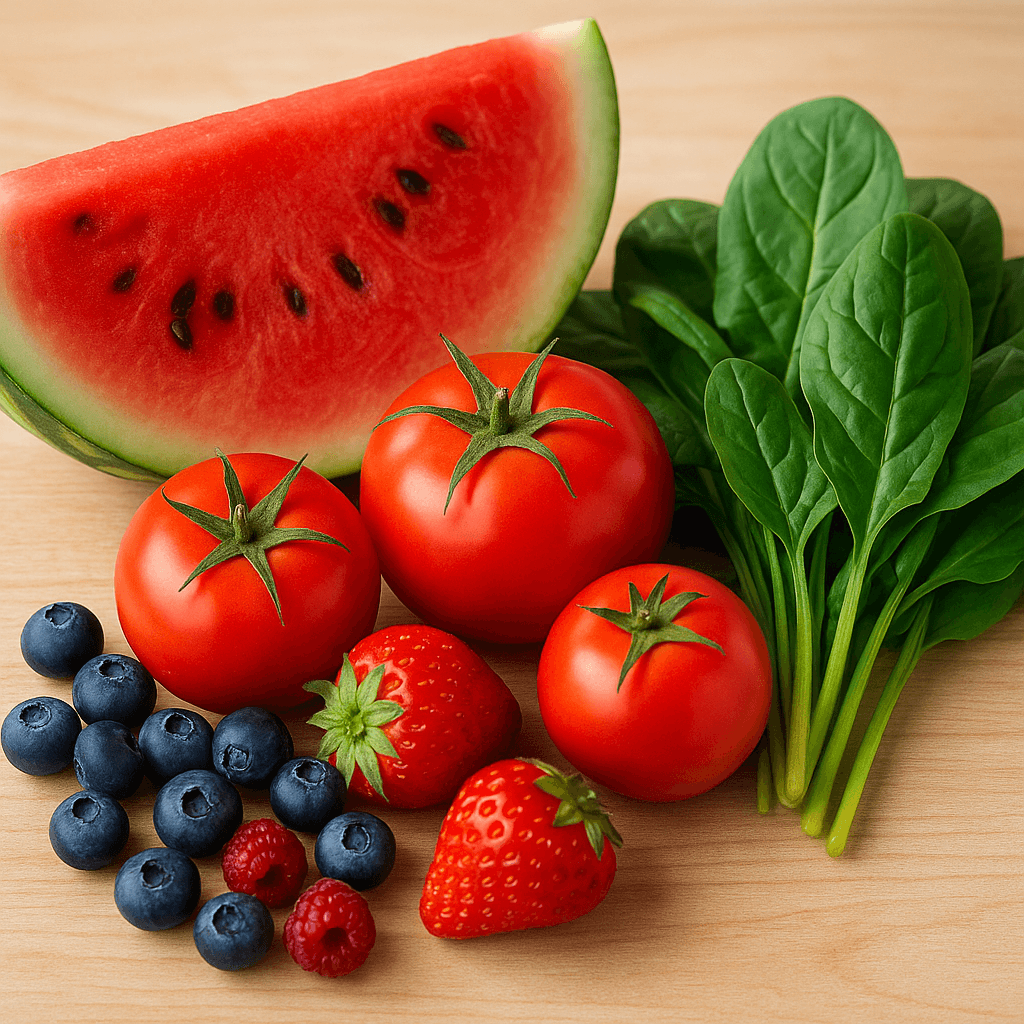 여름철 제철 과일과 채소 이미지 - 수박, 토마토, 시금치, 베리류