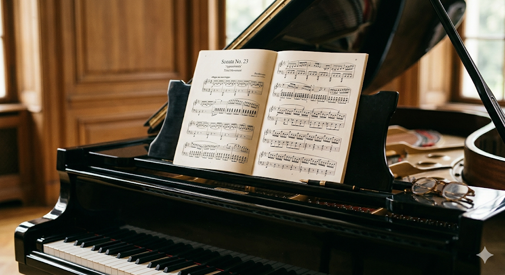 영정소나타 악보가 놓여있는 그랜드피아노