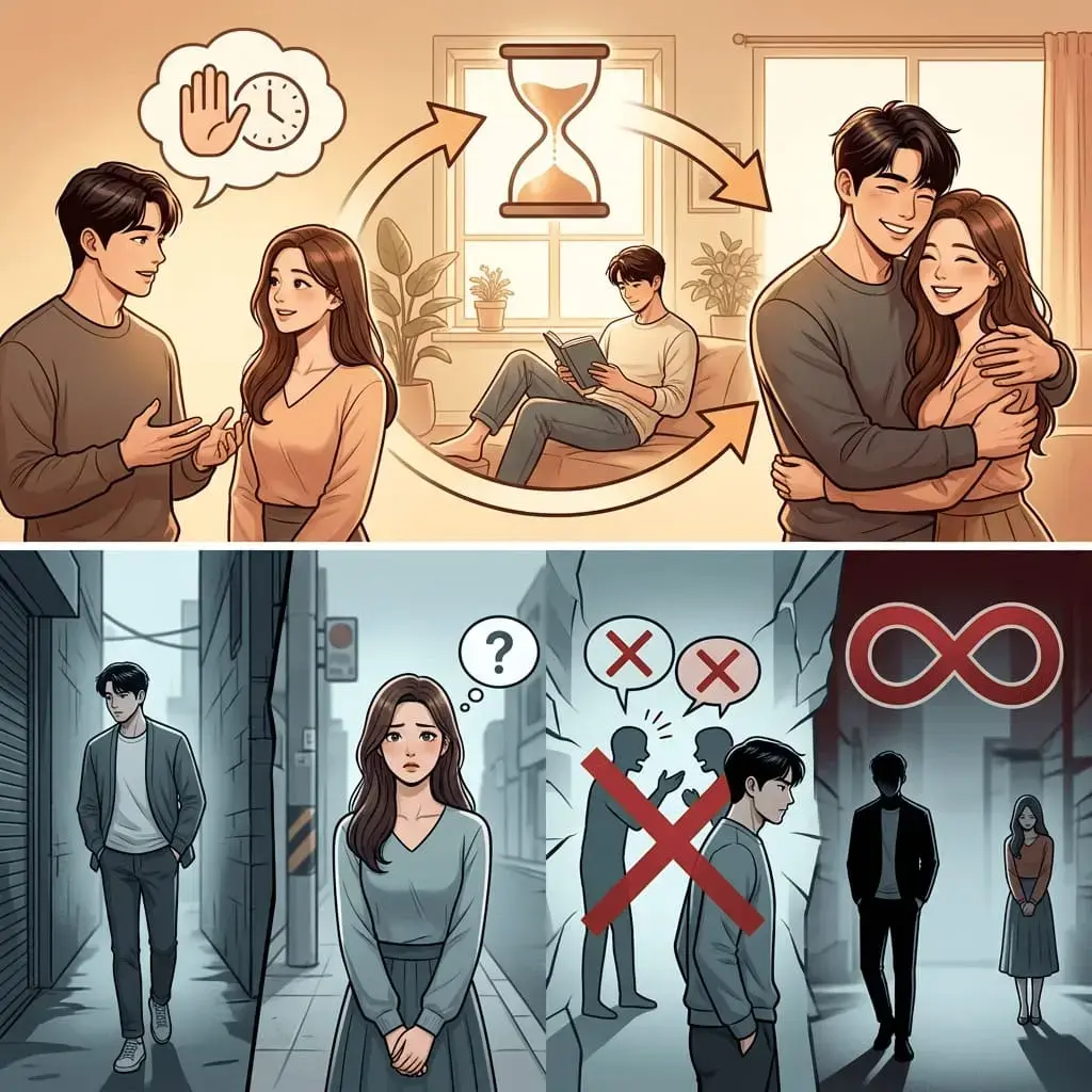 남자가 혼자만의 시간을 가진 뒤 다시 다가오는 과정과 관계를 지키는 재연결 규칙을 설명하는 장면