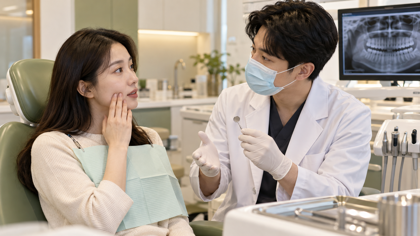 치과 진료실에서 치아 시림의 원인과 검사 방법을 설명하는 치과의사