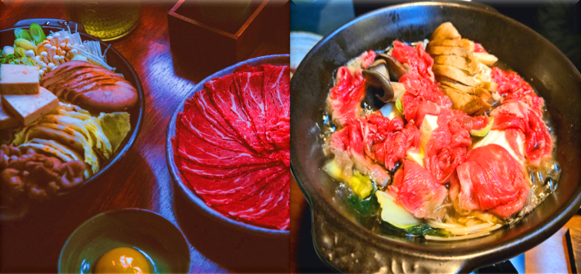 스키야키-채소와-소고기,-그리고-달걀소스,-호루몬-오마카세-소고기전골-요리