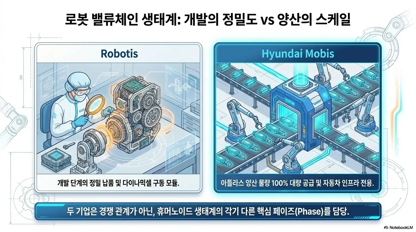 현대모비스 주가 전망: &amp;#39;로봇 밸류체인 생태계&amp;#44; 개발의 정밀도 vs 양산의 스케일&amp;#39;이라는 문구가 포함된 인포그래픽 이미지. 이 이미지는 로보티즈의 개발 단계 정밀 납품과 현대모비스의 아틀라스 양산 물량 대량 공급이라는 서로 다른 강점의 경쟁 구도를 시각적으로 전달하며&amp;#44; 블로그의 현대모비스 주가 전망과 관련된 내용을 설명함