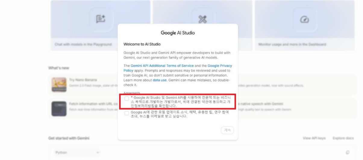 구글 AI 스튜디오 약관 동의 화면