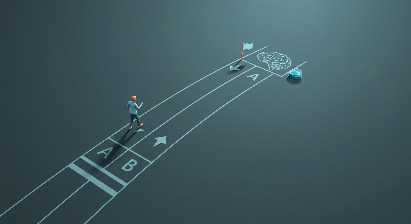 출발선에서 갈라지는 두 개의 트랙: A는 즉시 반응 아이콘 깃발로, B는 기억 아이콘 깃발로 향하는 상징적 이미지