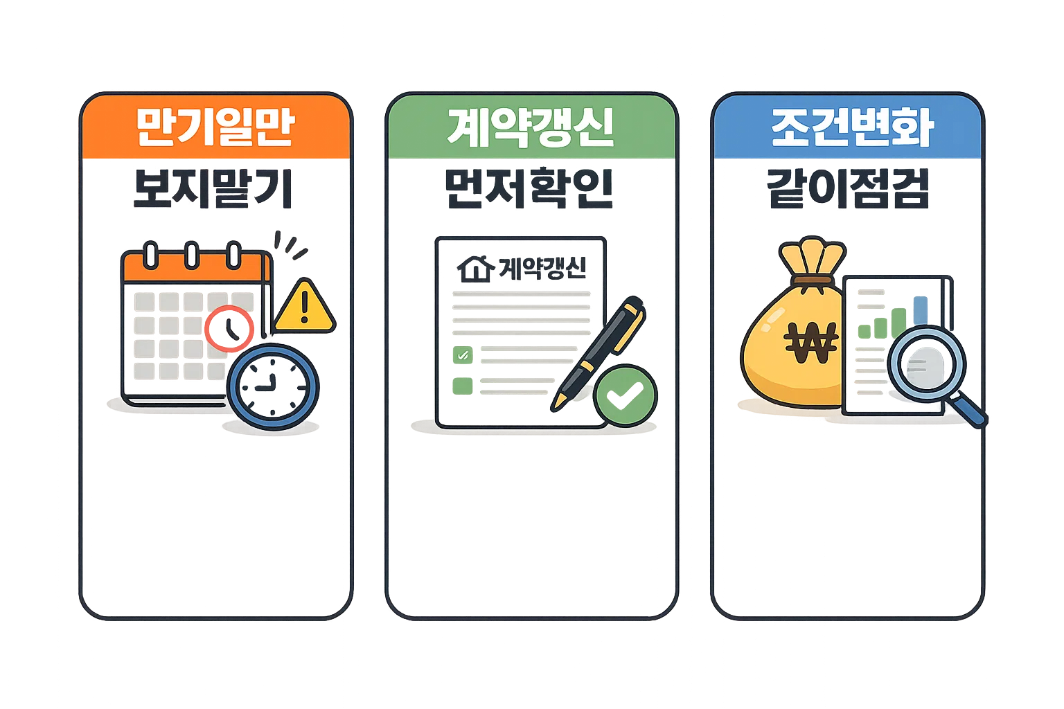 버팀목 전세자금대출 연장에서 만기일 확인과 계약갱신 여부 점검, 조건변화 검토 순서를 나눠 확인하도록 정리한 이미지