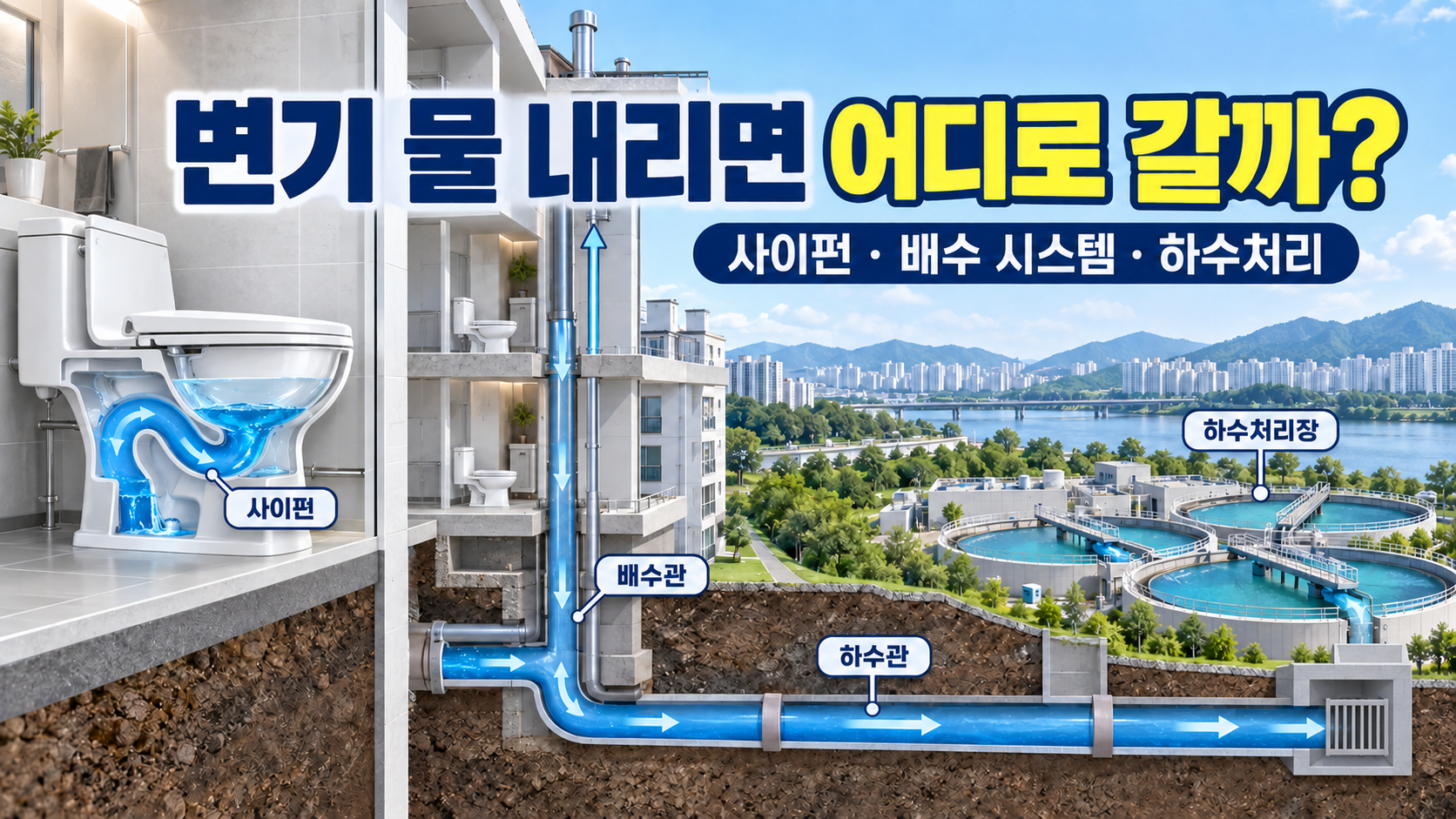 변기 물이 사이펀원리로 배수관을 거쳐 하수처리장으로 이동하는 과정