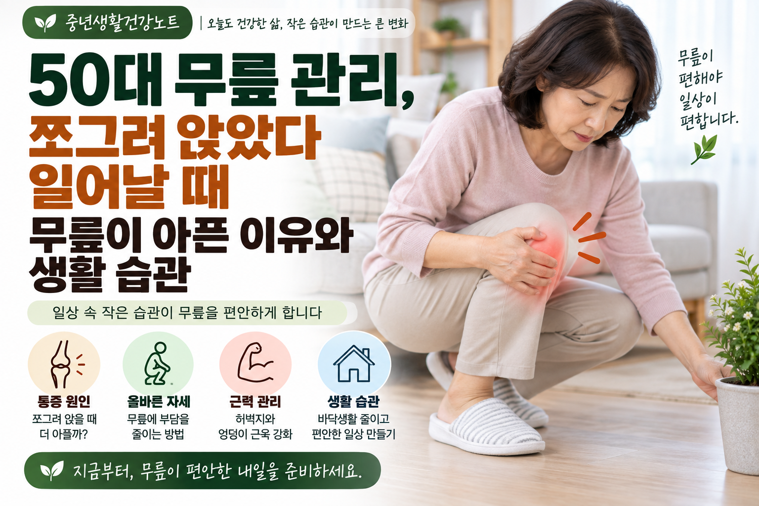 50대 무릎 관리, 쪼그려 앉았다 일어날 때 무릎이 아픈 이유와 생활 습관