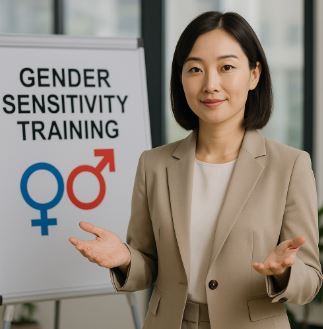 성인지 감수성 교육 중인 공직자 여성과 GENDER SENSITIVITY TRAINING 글자가 적힌 보드가 함께 있는 장면. 성평등 교육의 전문성과 실무 현장을 시각적으로 표현한 이미지