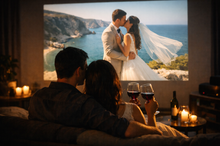 결혼식을 영상 기록물로 대체하고 이를 프라이빗하게 즐기는 모습.