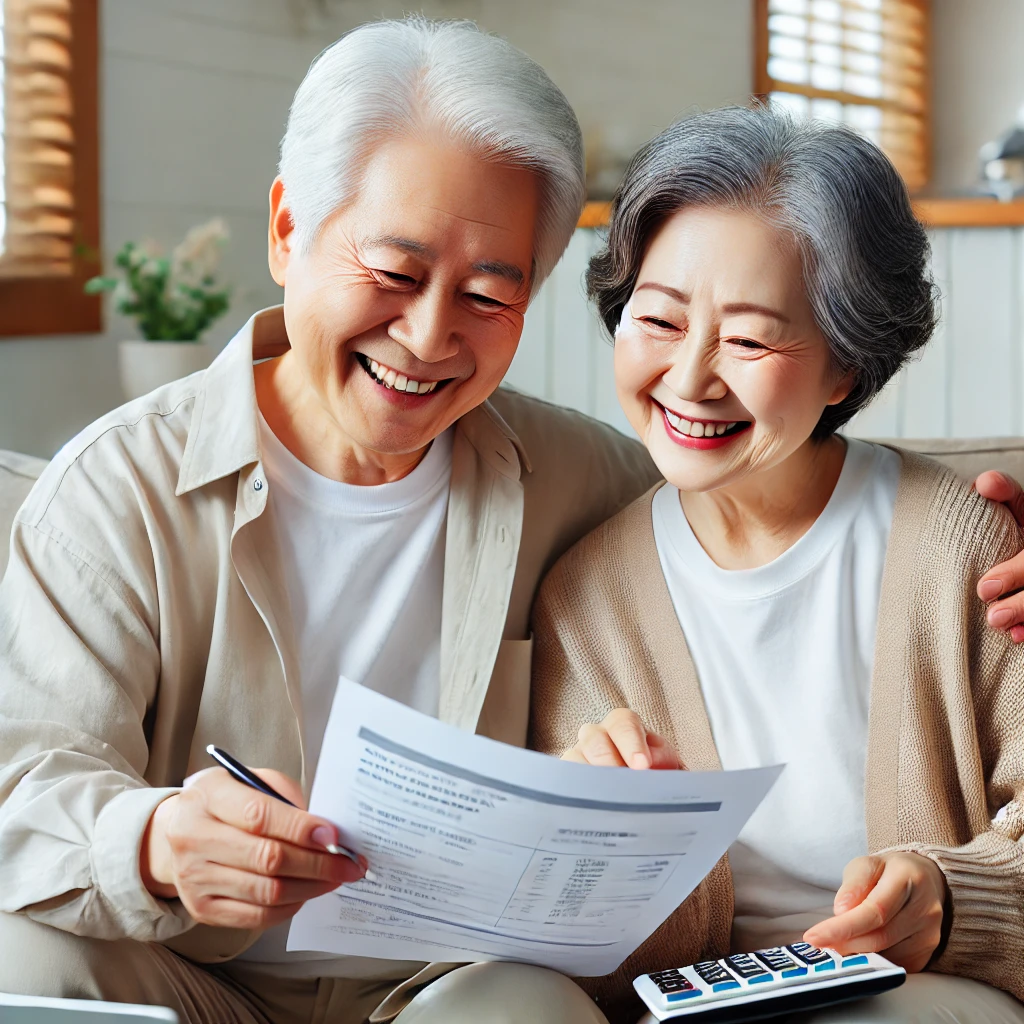 Happy elderly Korean couple reviewing their pension benefits at home, smiling and looking at documents.