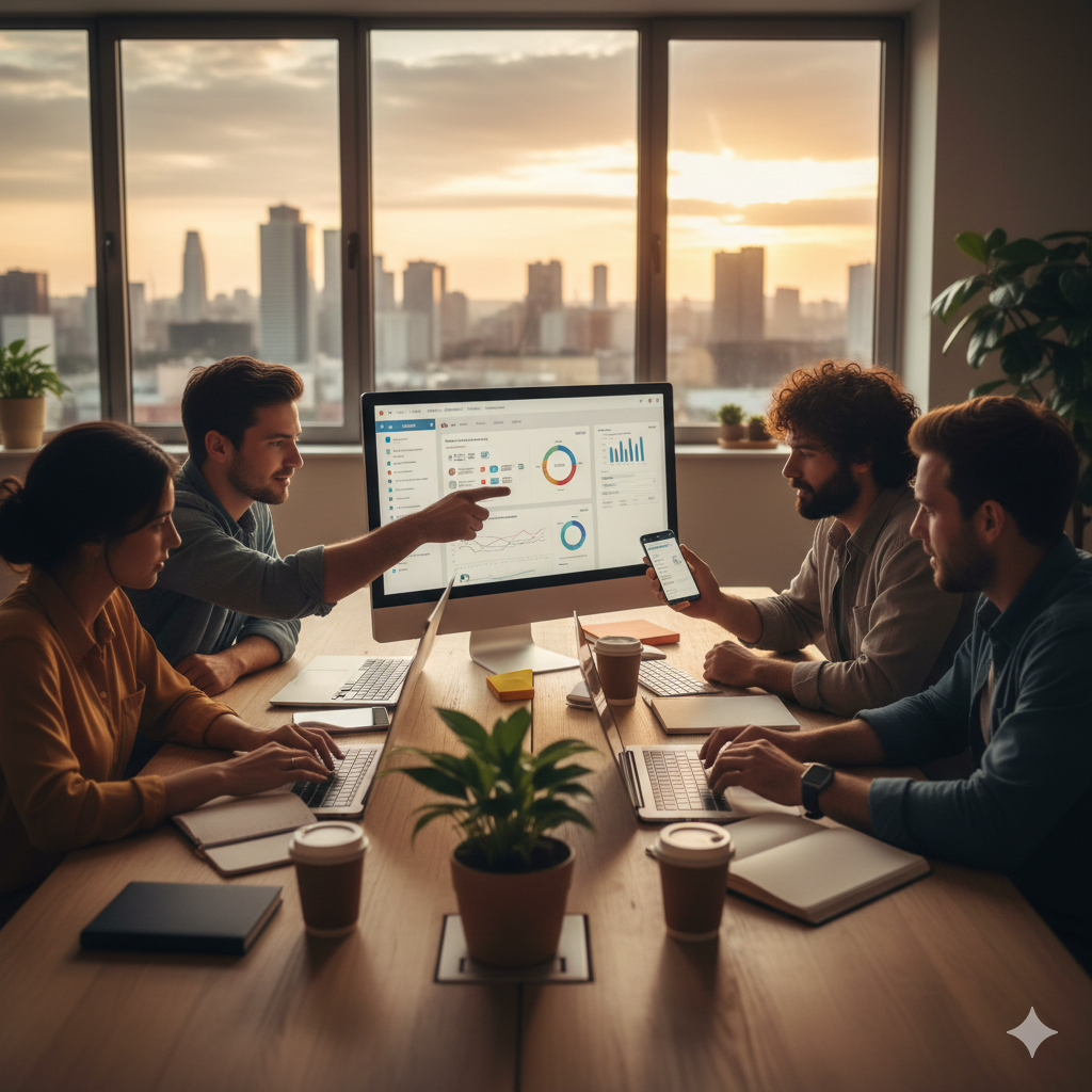 노을 지는 도심 사무실에서 네 명의 팀원이 회의 테이블에 둘러앉아 대형 모니터 속의 자산 관리 데이터와 스마트폰 화면을 공유하며 서로 의견을 나누고 있는 협력적인 모습이에요.