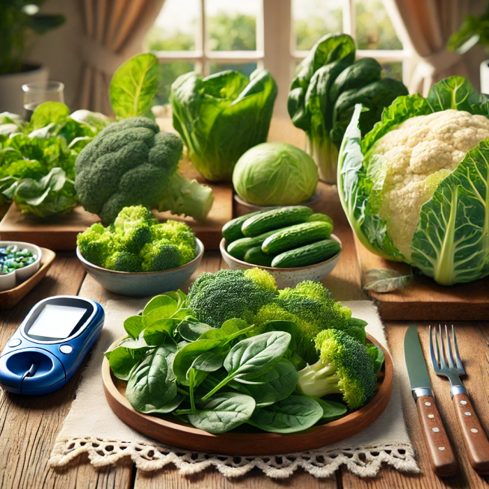 신선한 당뇨에 좋은 채소(시금치&amp;#44; 브로콜리&amp;#44; 양배추)가 담긴 식탁 이미지.
