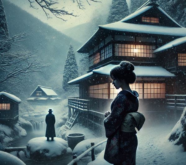눈 덮인 산속 온천에서 시마무라를 바라보는 고마코의 모습