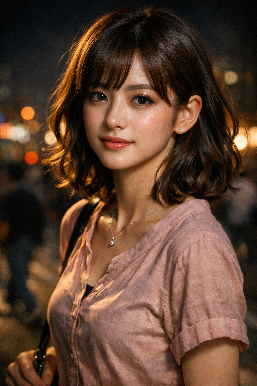 Cinematic, hyper-realistic portrait of a 22-year-old woman with detailed lighting and textures, looking with a captivating expression