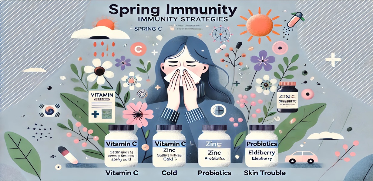 봄철 감기와 알레르기 증상으로 코를 훌쩍이는 여성과 면역력 개선을 위한 비타민C, 아연, 유산균, 엘더베리 등 보충제 제품들