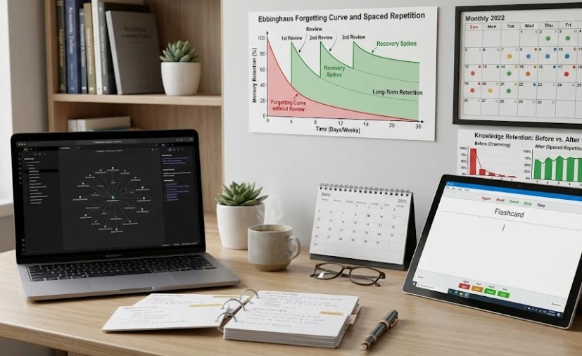 에빙하우스 망각 곡선 포스터가 붙은 벽면 아래, 노트북에는 지식 그래프 뷰가 띄워져 있고 태블릿에는 Anki 플래시카드가 켜져 있는 체계적인 학습용 책상 전경