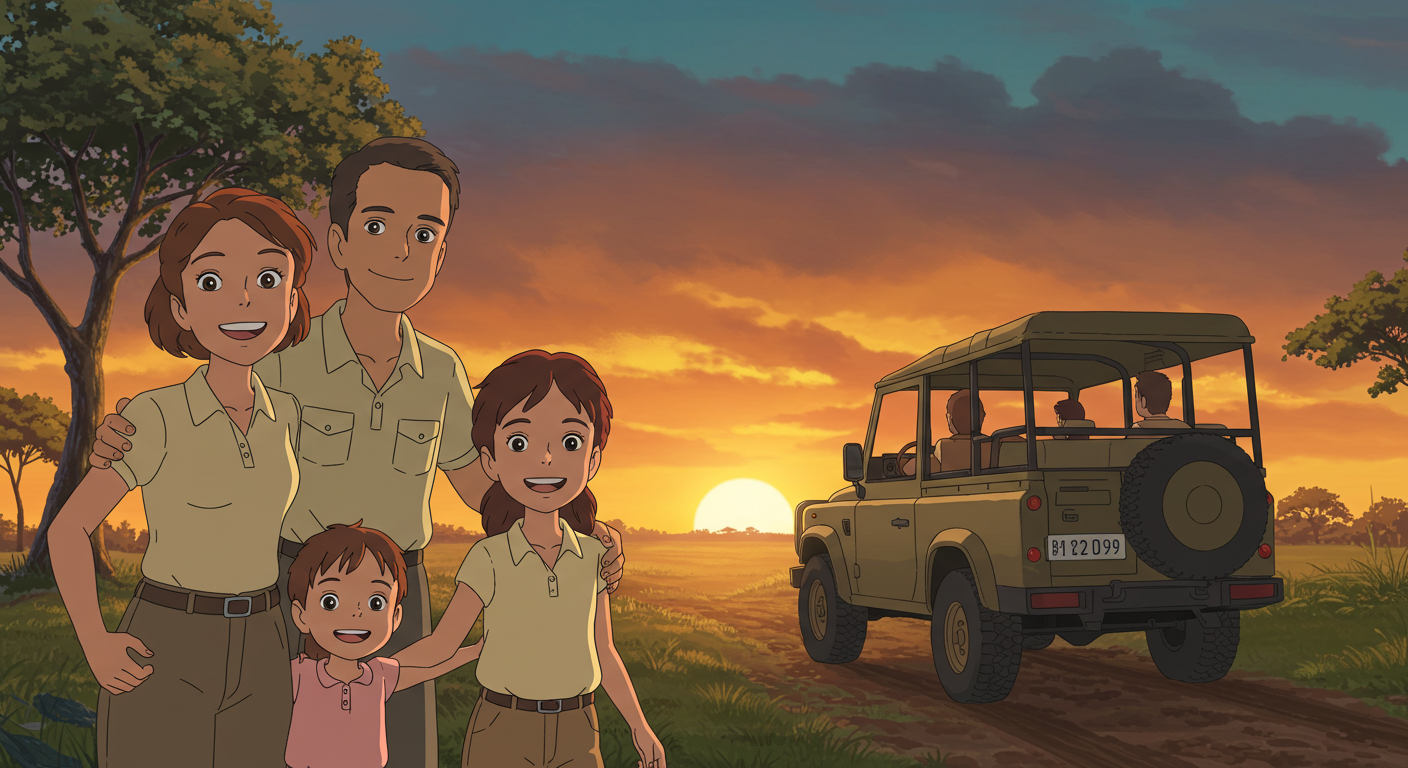 사파리 체험을 마치고 만족한 가족의 모습