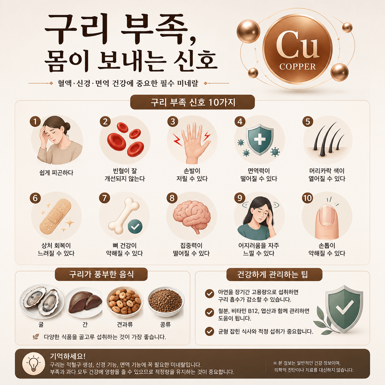 구리 부족 증상과 구리가 풍부한 음식, 관리 방법을 간결하게 정리한 인포그래픽