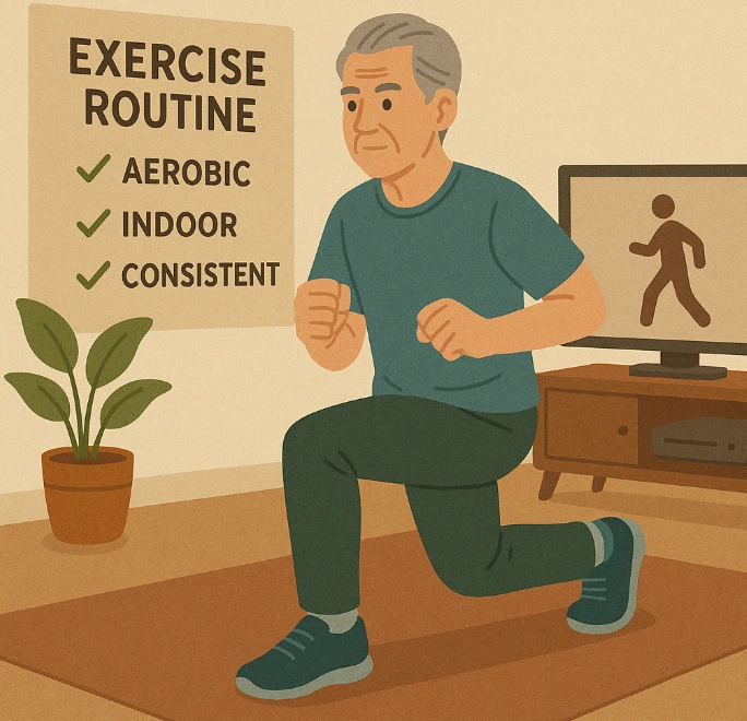 집 안에서 운동하고 있는 할아버지를 나타내는 사진