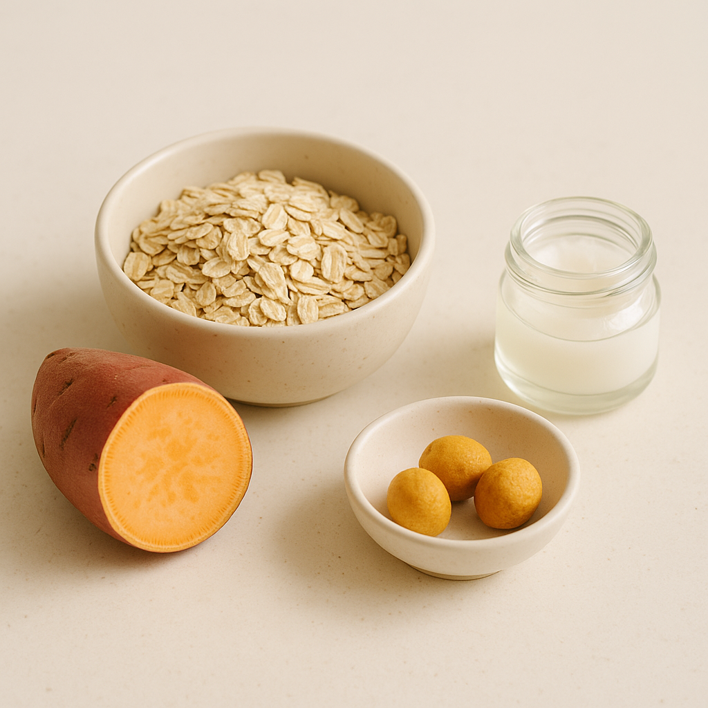 그릇에 담긴 귀리 오트밀, 반으로 자른 고구마, 작은 병에 든 코코넛 오일 위생적이고 정갈한 느낌의 재료 사진