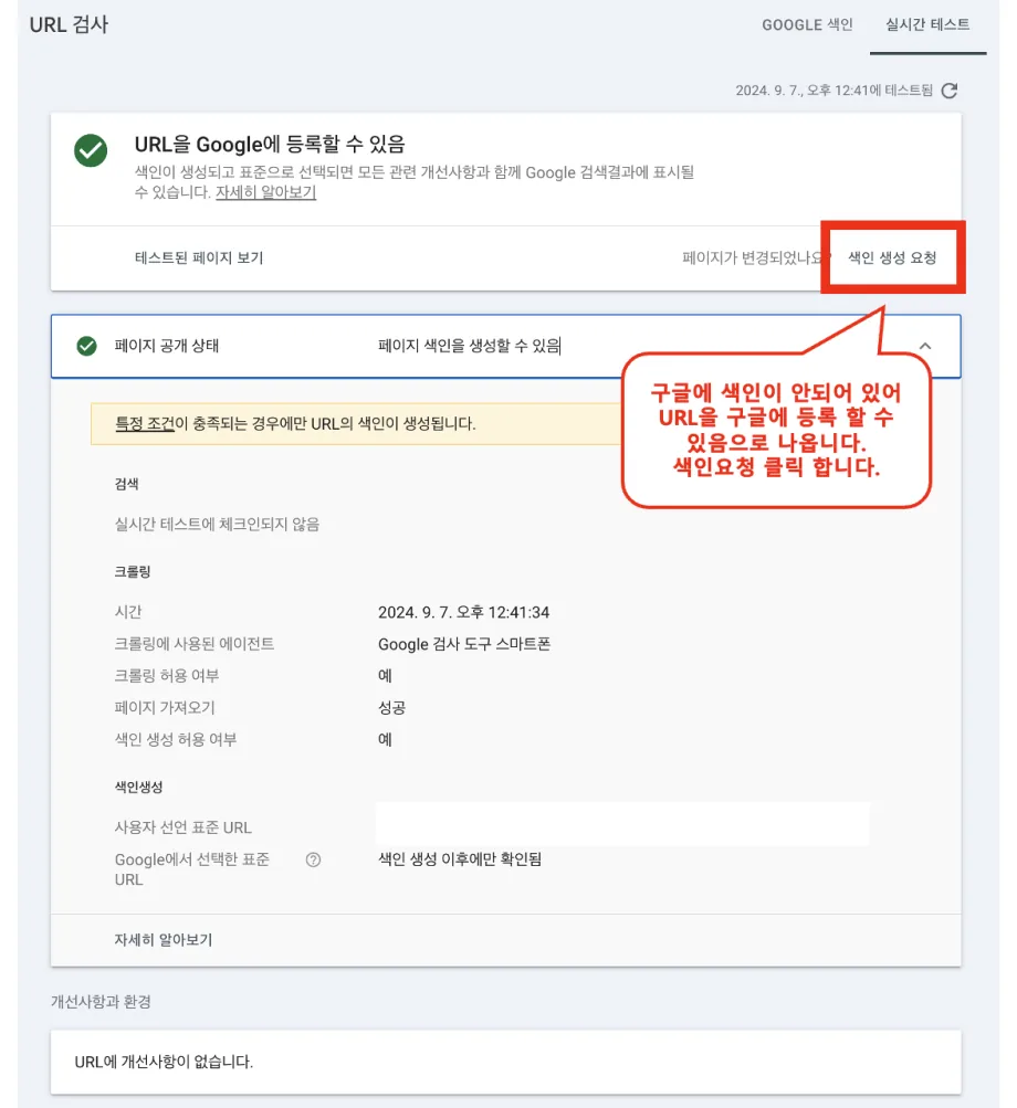 구글서치콘솔에 블로그URL점검요청결과